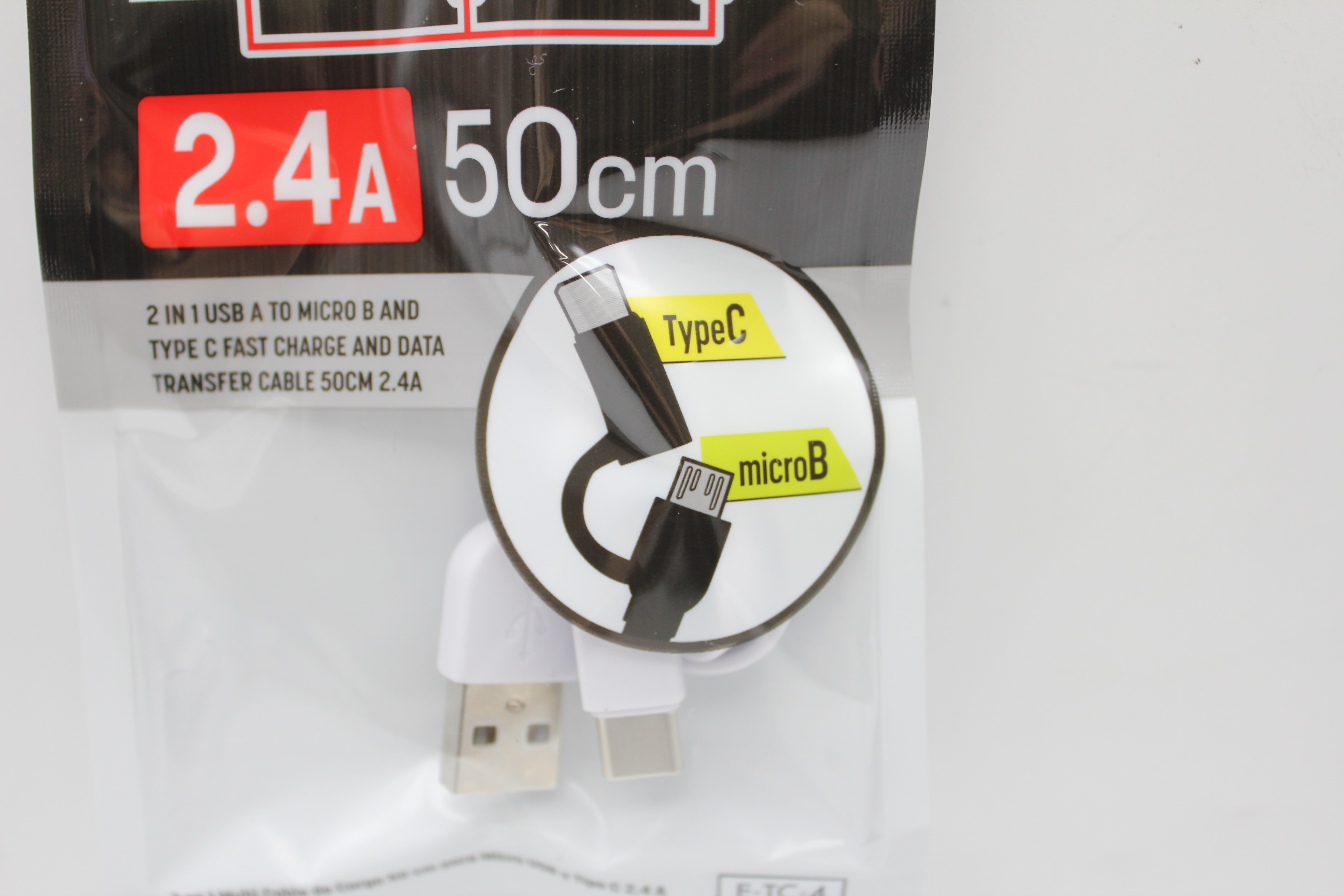 2in1 急速充電・転送ｹｰﾌﾞﾙ　USB A-micro B-Type C 50cm 2.4A